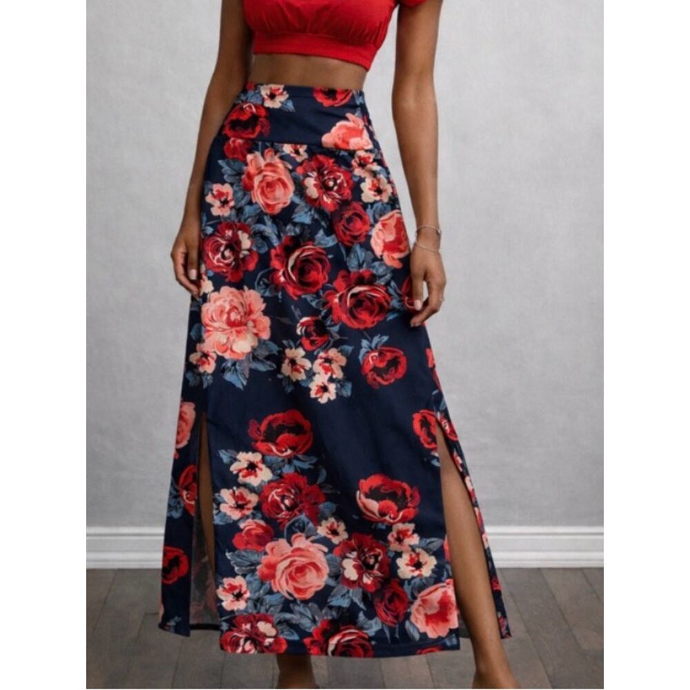rose print midi skirt slit women xxsmall dark coquette date night romantic